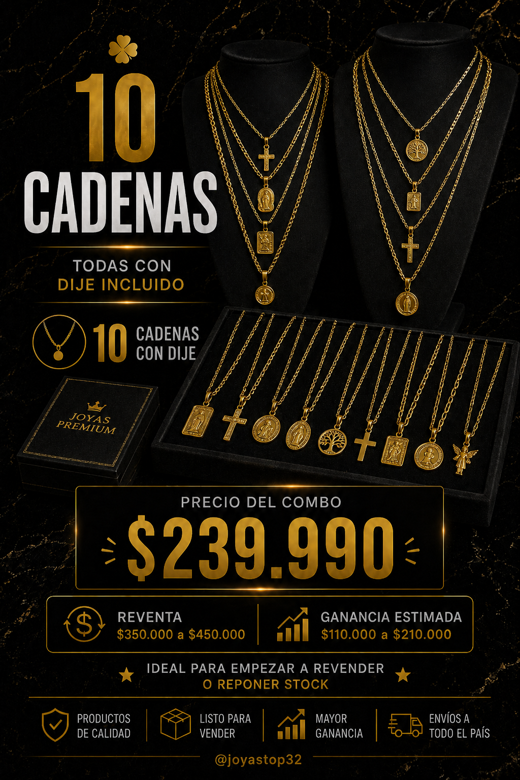 Combo 10 Cadenas — combo mayorista de joyería enchapada en oro
