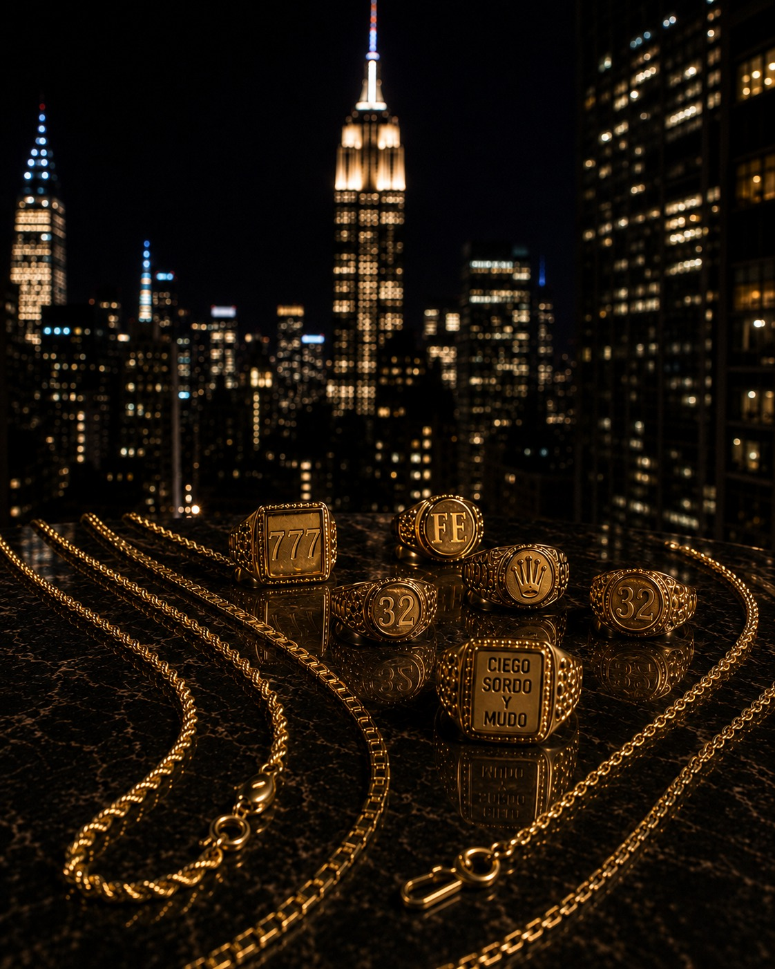 Anillos y cadenas enchapadas en oro con el skyline de Nueva York de fondo
